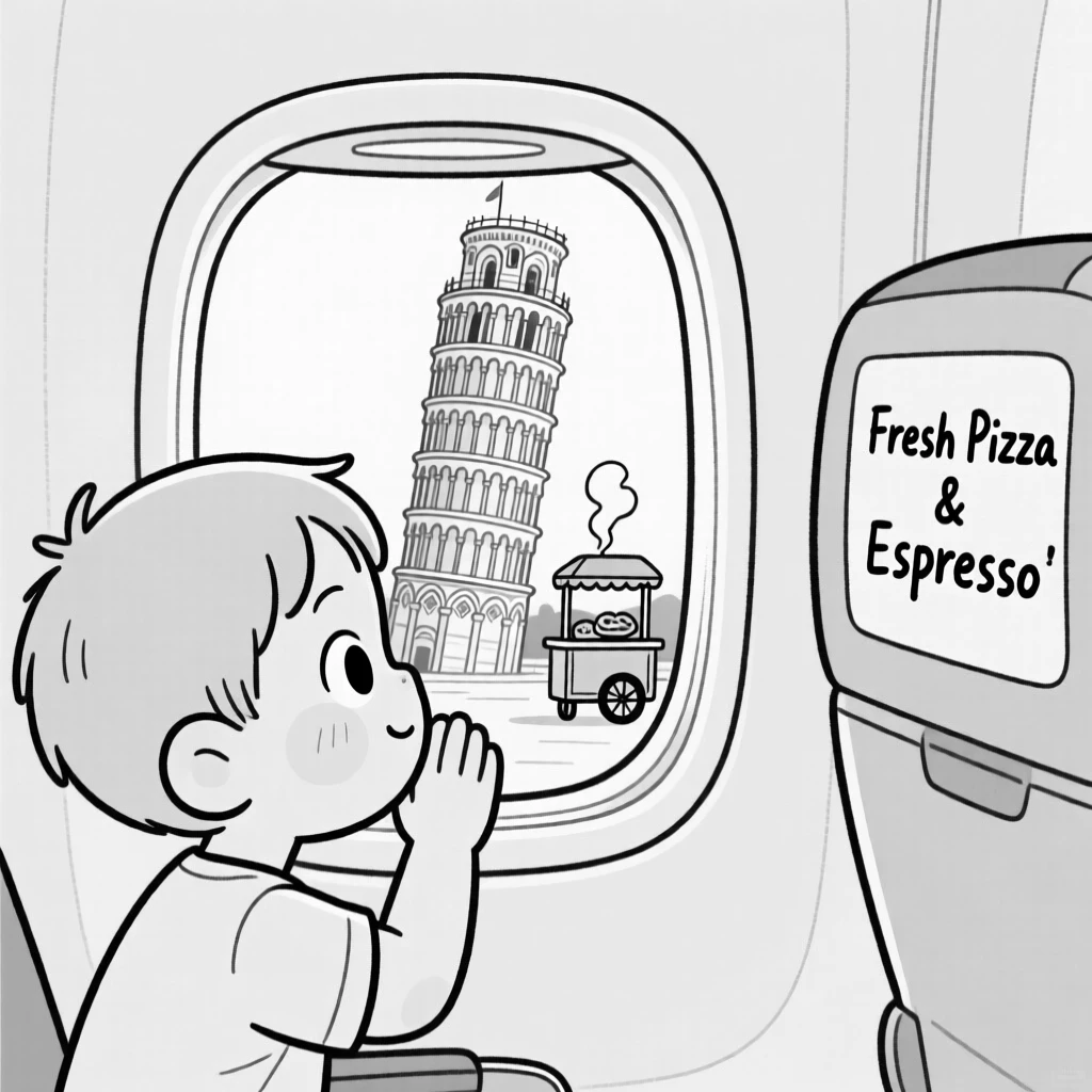 A child pressing his face against an airplane window, watching the world go by with a contented sigh, set beside a famously leaning historic tower. Steam rises from a nearby food cart. It's a joyful tribute to the thrill of travel and discovery.