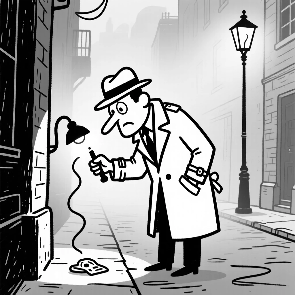 A detective in a trench coat examining clues by lamplight in a foggy alley.