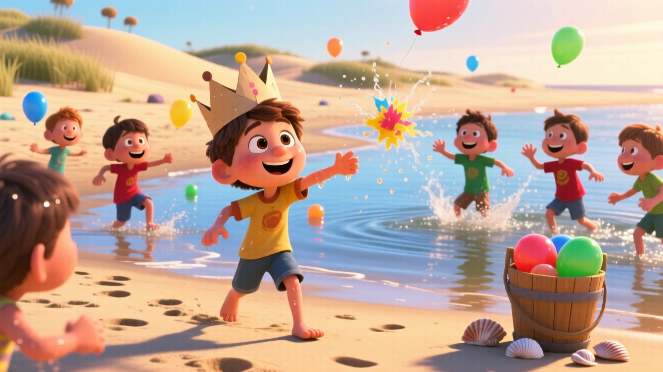 Kids having a water balloon fight in the backyard takes place on a sandy beach at low tide, with a paper crown perched slightly crooked. The scene bursts with childhood wonder and delight.