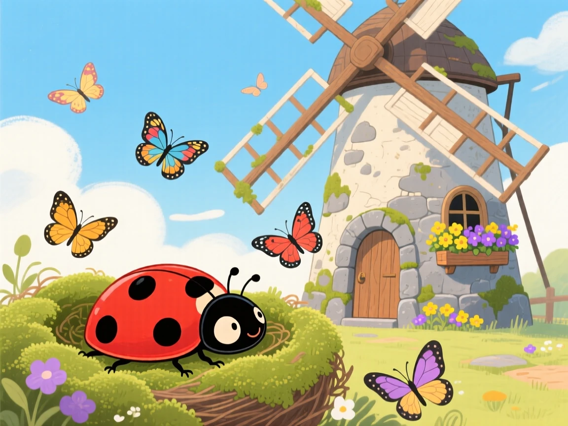 A spotted ladybug pauses from napping in a nest of soft moss to look up in an old stone windmill, while butterflies flutter nearby.