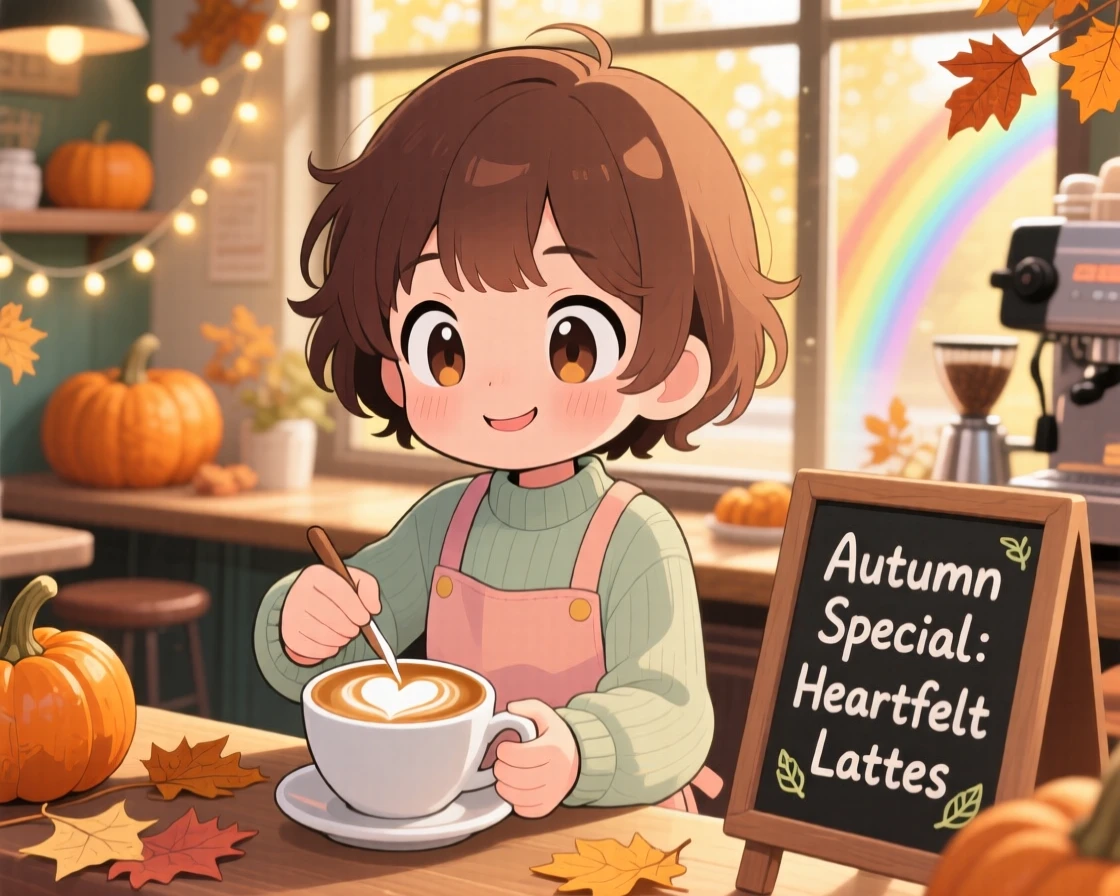 A young barista drawing a heart in latte foam in a warm cozy café during golden autumn harvest season; bright rainbow-tinted light washes over the scene as wide-eyed wonder fills the moment. Close-up portrait.