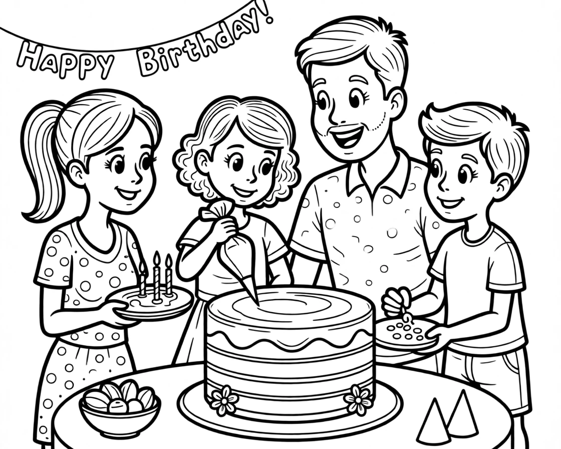 A family decorating a birthday cake together