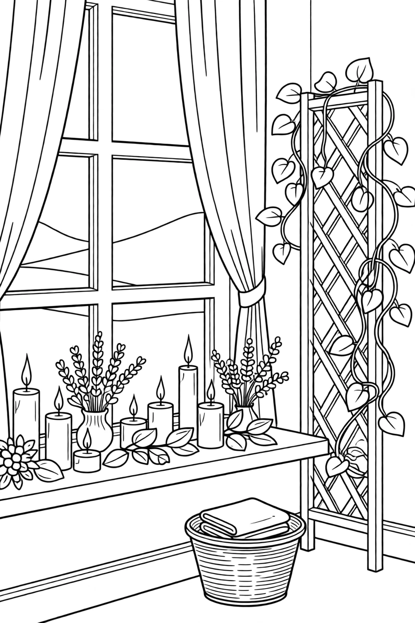 A windowsill lined with candles and dried flowers, with vines curling around a nearby trellis.