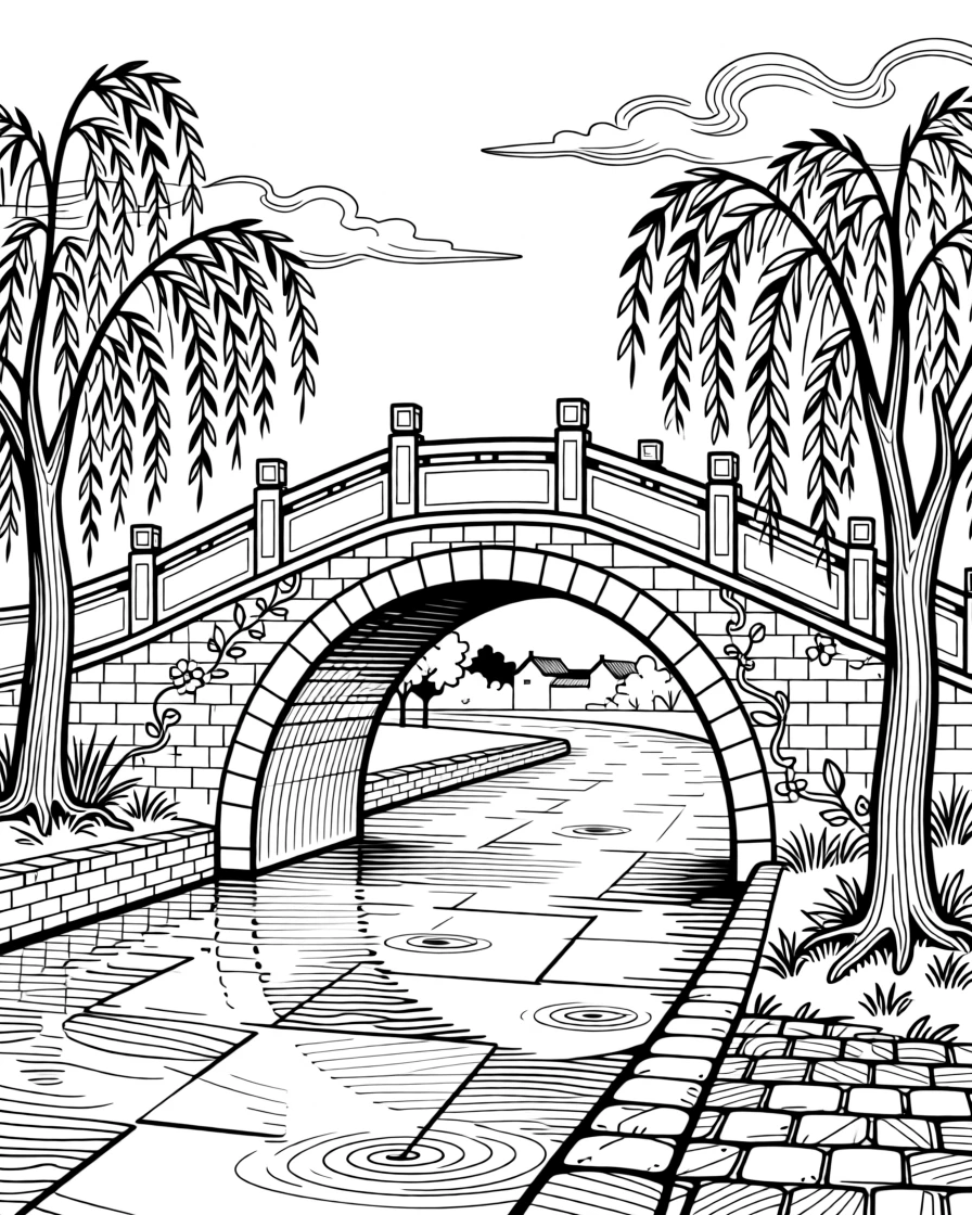A traditional canal bridge lined with willow trees.