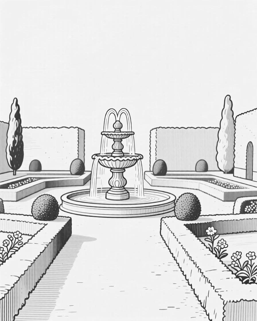 A palace garden with symmetrical hedges and a central fountain