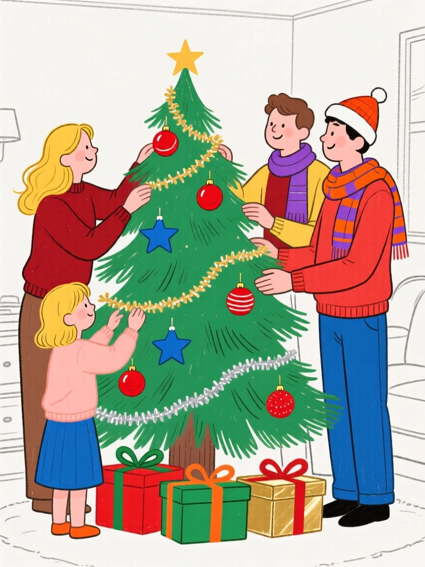 A family decorating a Christmas tree together.