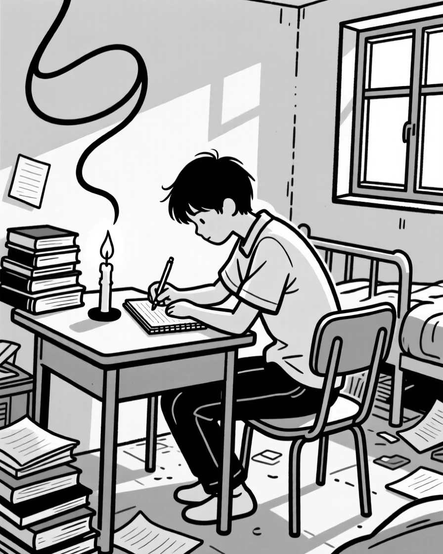 A young student studying by candlelight in a cluttered dorm room.