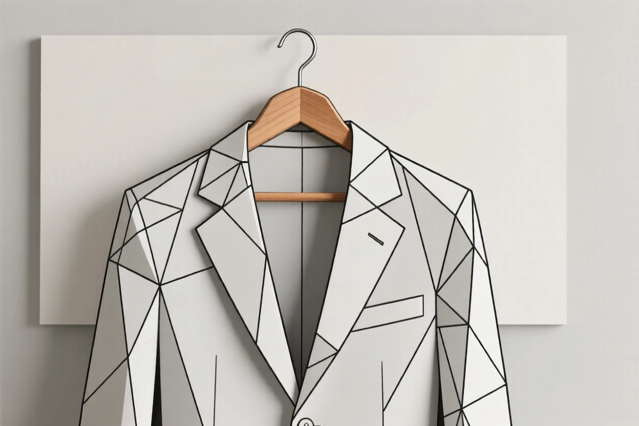 A tailored suit jacket hanging on a wooden hanger