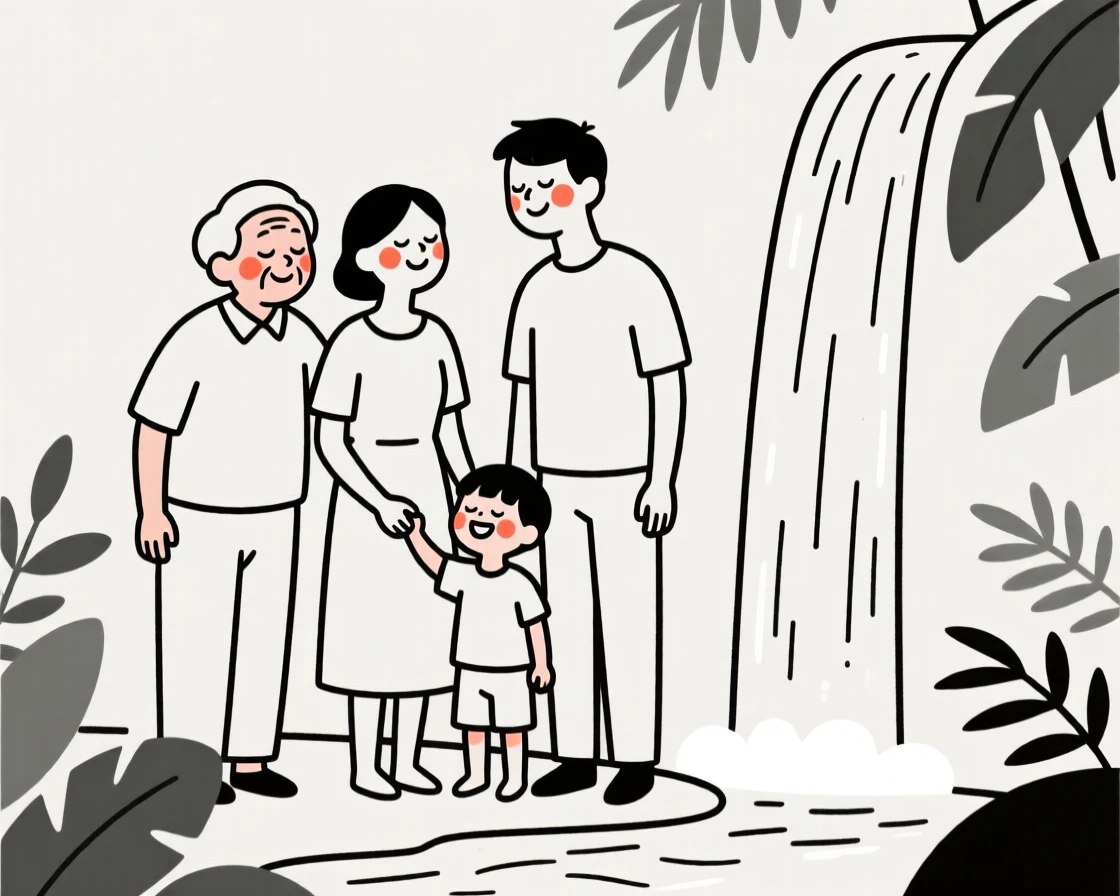 Four generations of one family, laughing with eyes closed, by a waterfall in the jungle.