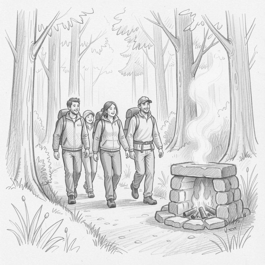 A heartwarming family moment: a family hiking together on a forest trail around a crackling fireplace, glowing with quiet joy.