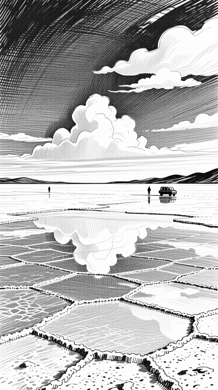 The vast salt flats of Bolivia reflecting the sky like an endless mirror.