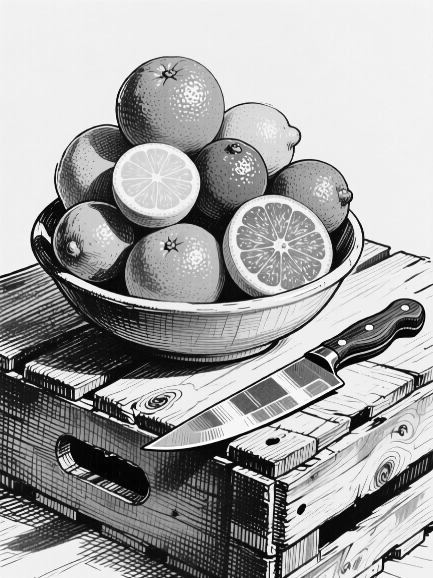 A stack of citrus fruits in a bowl arranged on a rustic wooden crate, with a knife resting beside it, presented in an indulgent and delightful culinary still life.