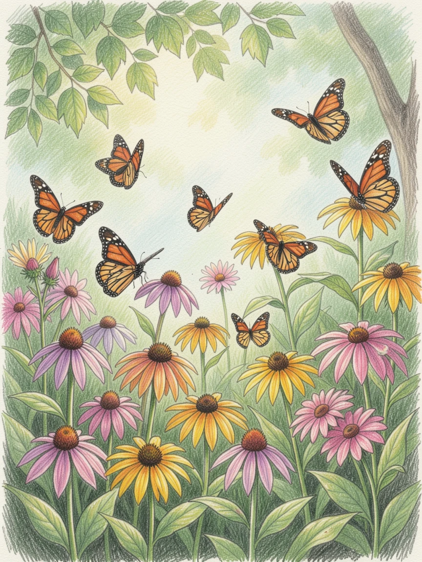 A butterfly garden filled with fluttering monarchs among wildflowers, set against a softly lit, atmospheric backdrop, designed to feel inviting, memorable, and shareable.