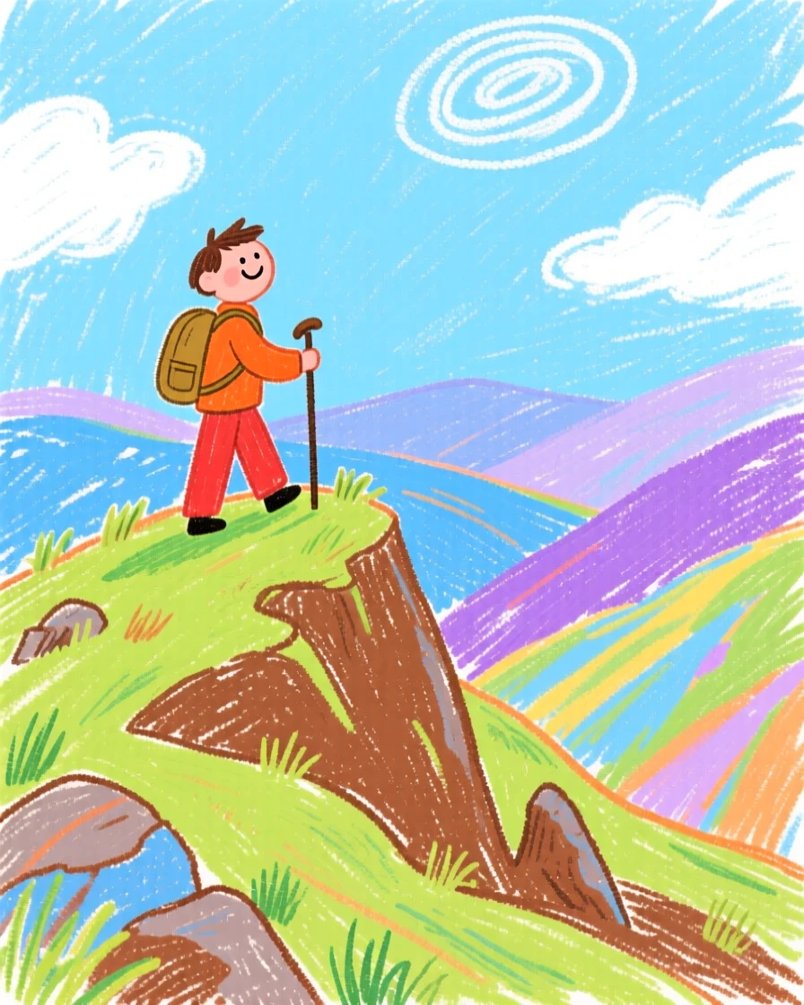 A lone hiker standing atop a ridge overlooking distant valleys.