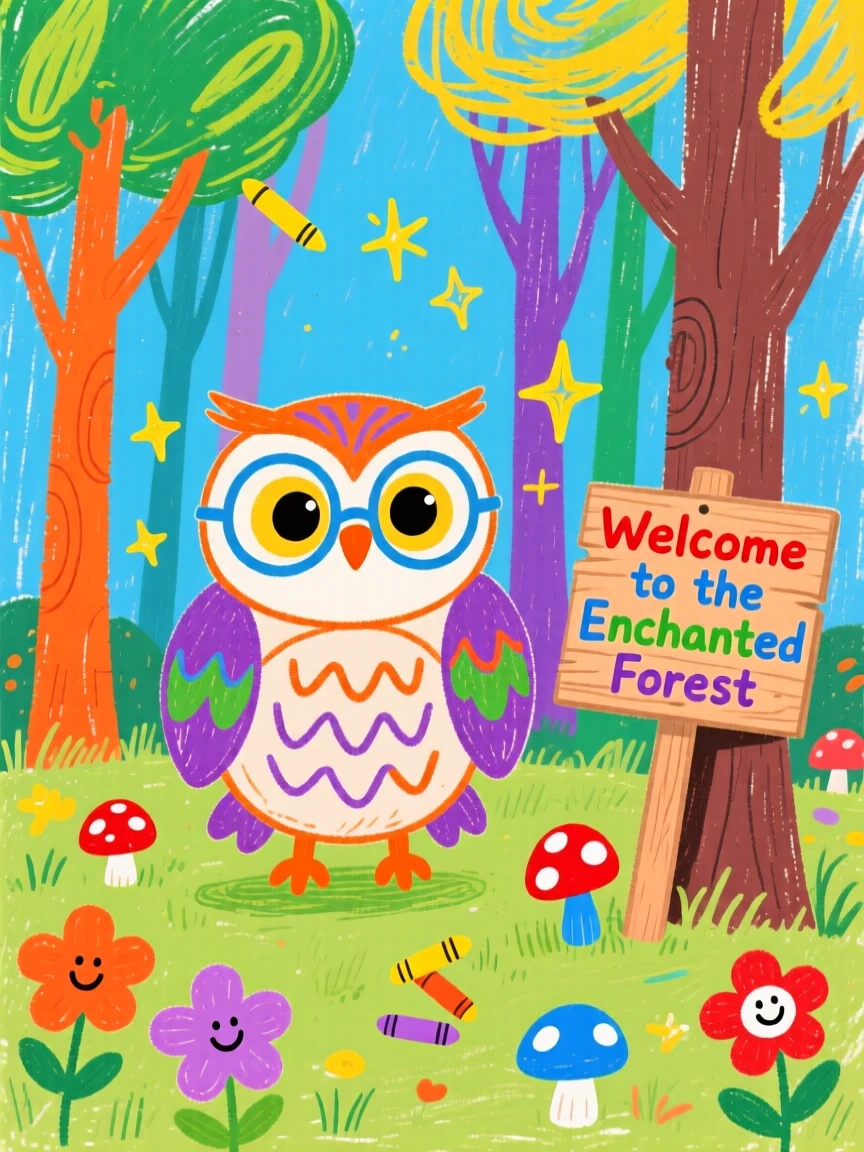 A wise talking owl wearing round spectacles in an enchanted forest clearing.