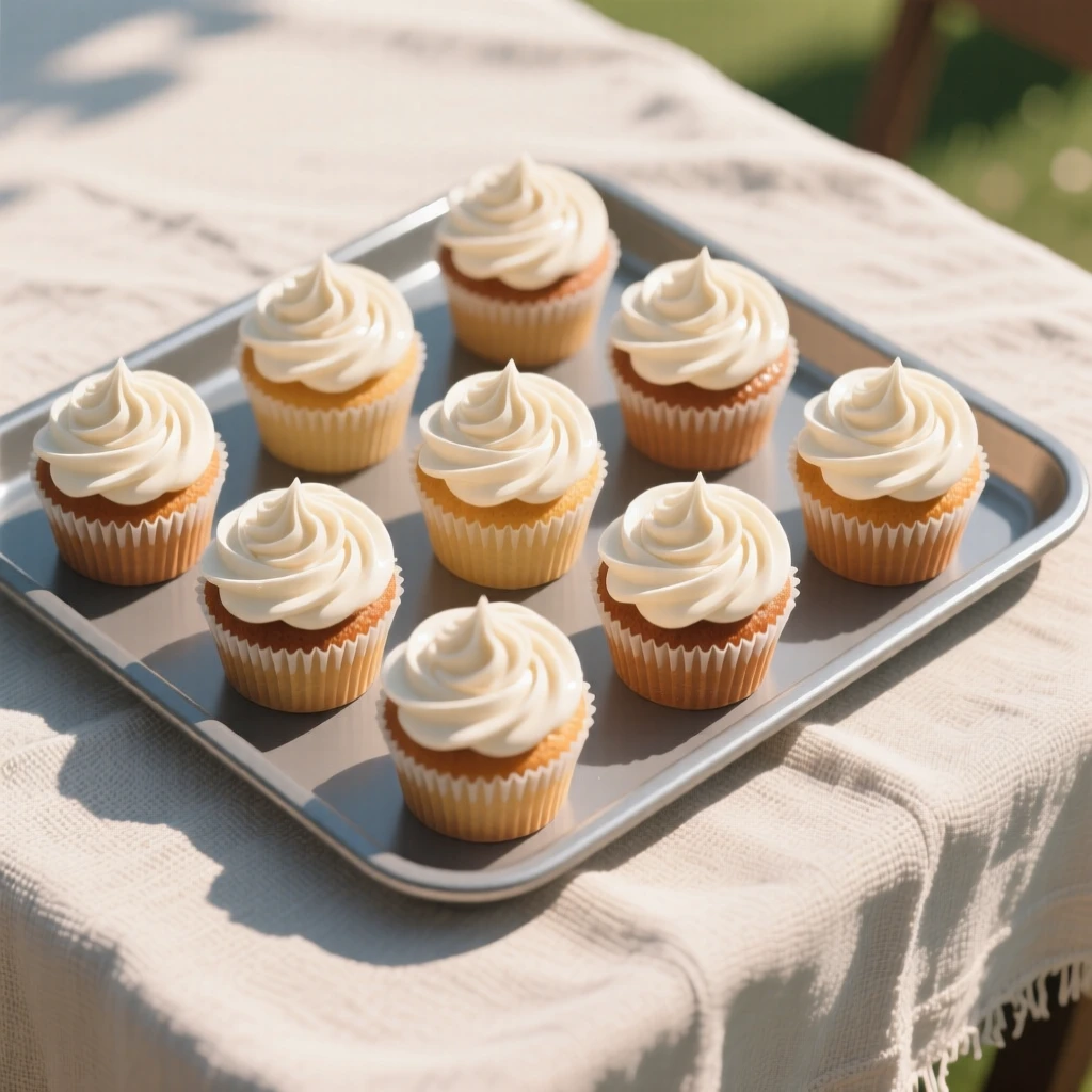 A tray of freshly baked cupcakes with swirled frosting, arranged on a linen tablecloth outdoors, arranged in an appetizing overhead flat lay, with glossy highlights that make the dish look freshly made.