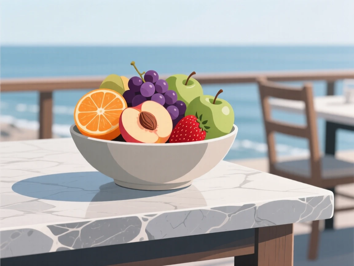 A bowl of seasonal fruit beautifully displayed on a stone counter at a seaside restaurant.