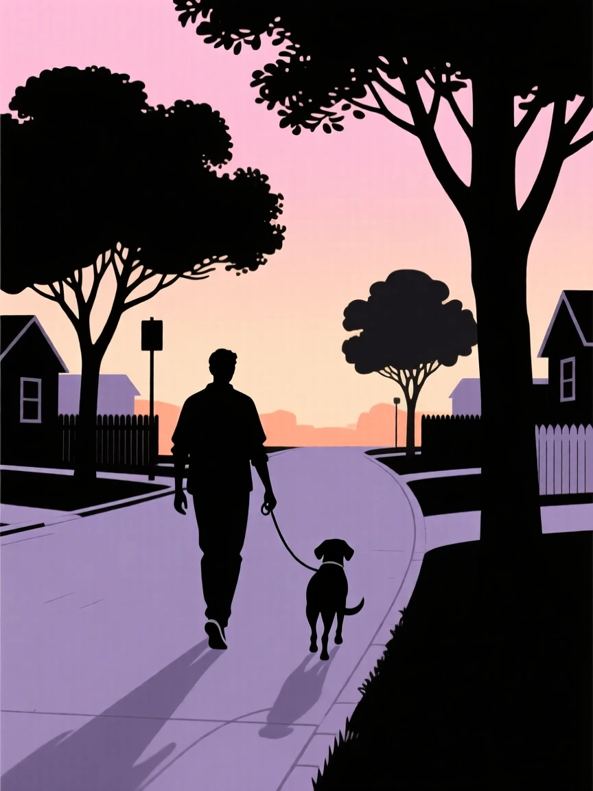 A person walking a dog along a quiet, tree-lined neighborhood street.