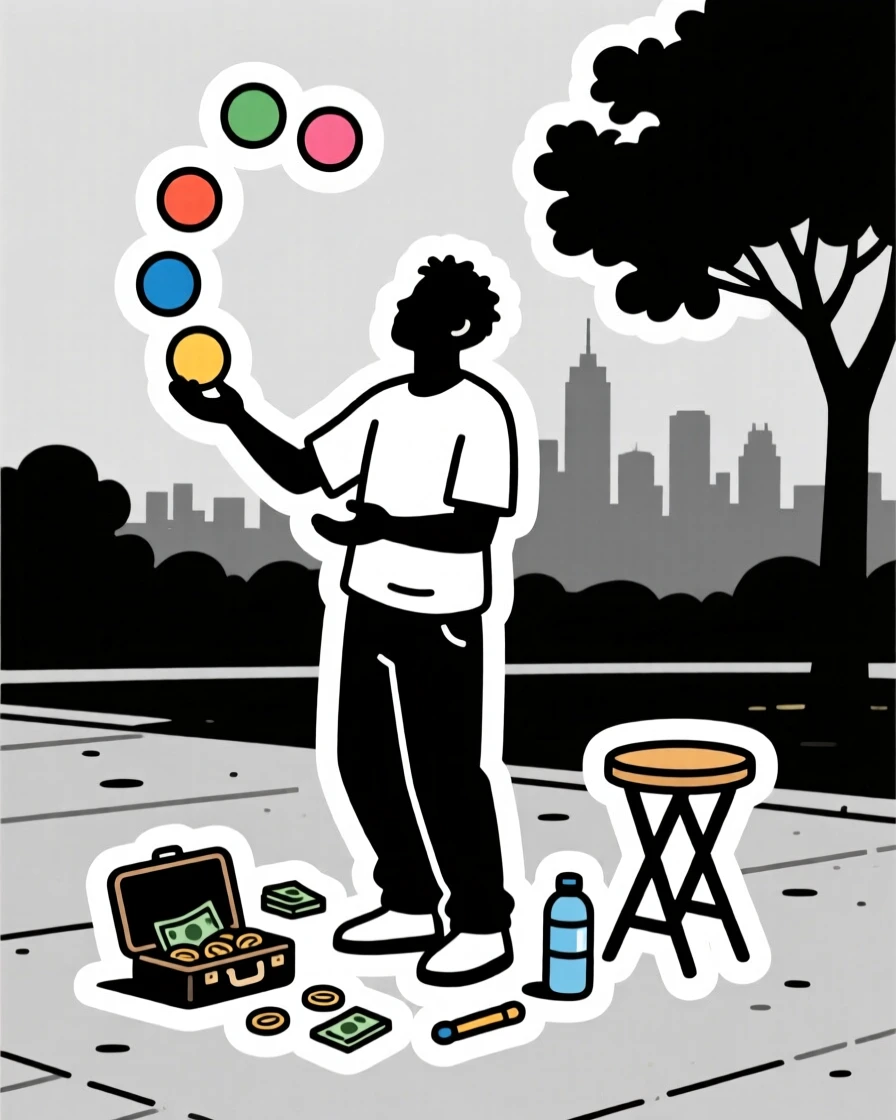 A peacefully immersed street performer juggling colorful balls, with tools and supplies scattered nearby, at a scenic outdoor location.