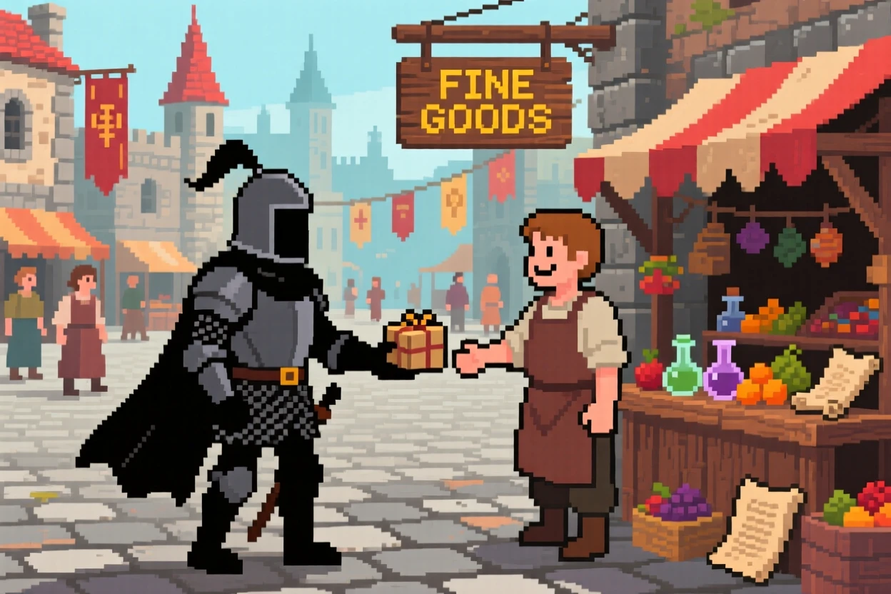 A wandering knight trading with a merchant in a busy town square, in a retro-style fantasy kingdom.