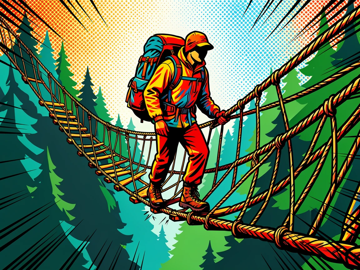 A backpacker crossing a rope bridge over a forested gorge