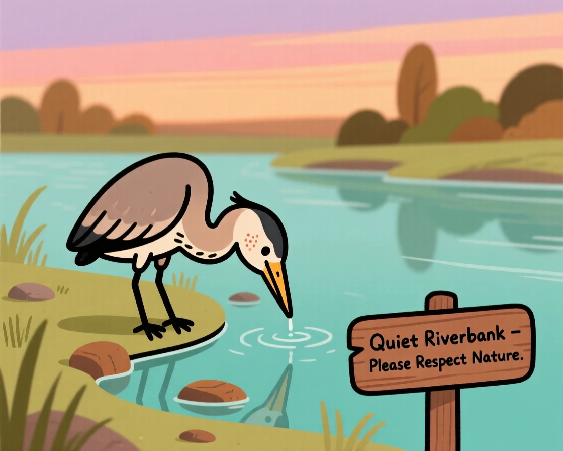 A heron stands at the edge of a quiet riverbank, drinking from the water as the evening glow paints the sky in warm colors.