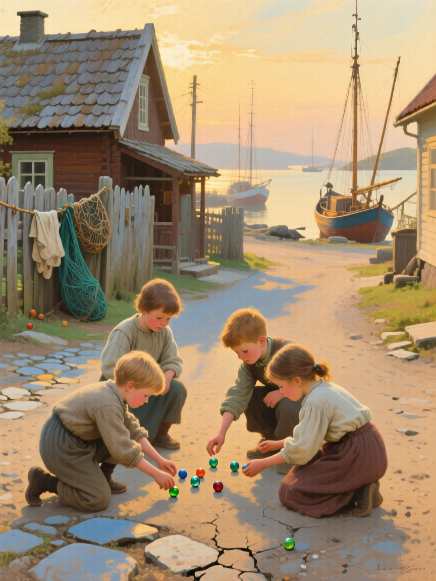 A balanced composition of children playing marbles on a dusty village street, at golden hour, in a Nordic fishing village.