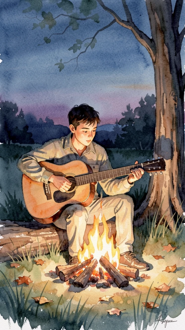 A young man playing guitar around a campfire with soft natural light illuminating the scene.