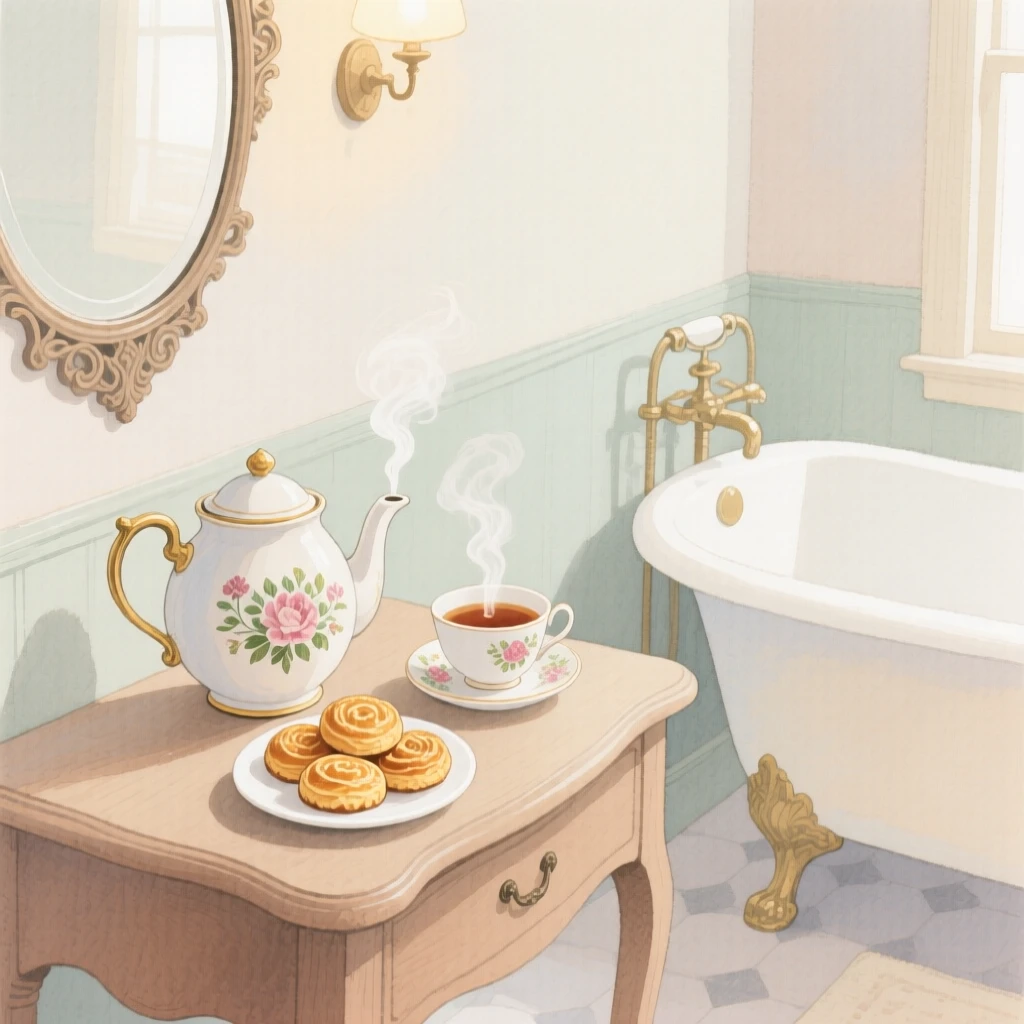 A charming view of a vintage bathroom, with steam rising from a fresh cup of tea, featuring a vintage teapot and a plate of pastries