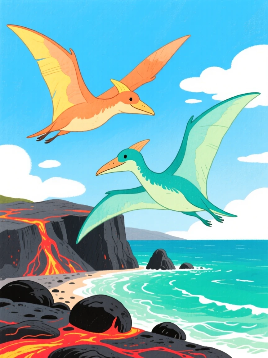 A pair of pterodactyls soaring over a volcanic coastline, captured in a moment of quiet wonder.