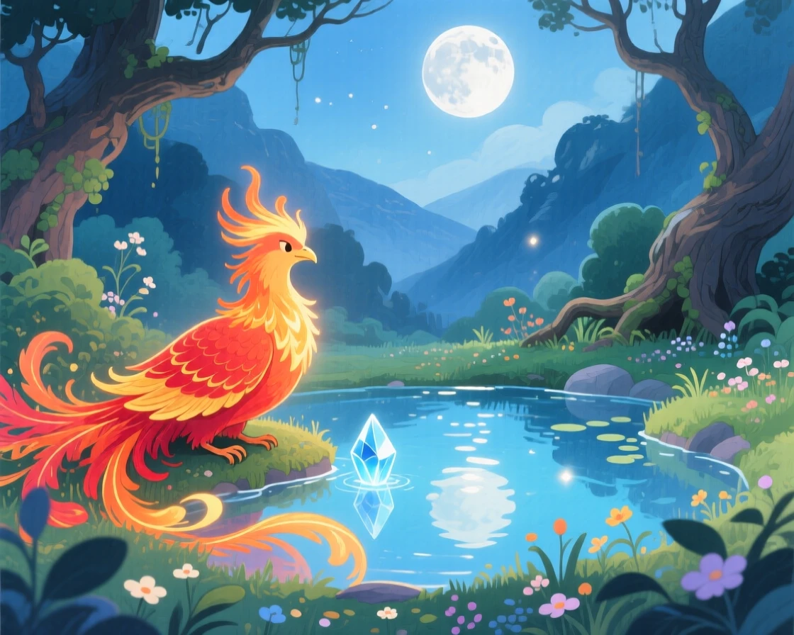 A glowing phoenix resting beside a crystal-clear pond under moonlight, in a hidden valley untouched by time, filled with a sense of peaceful mysticism.