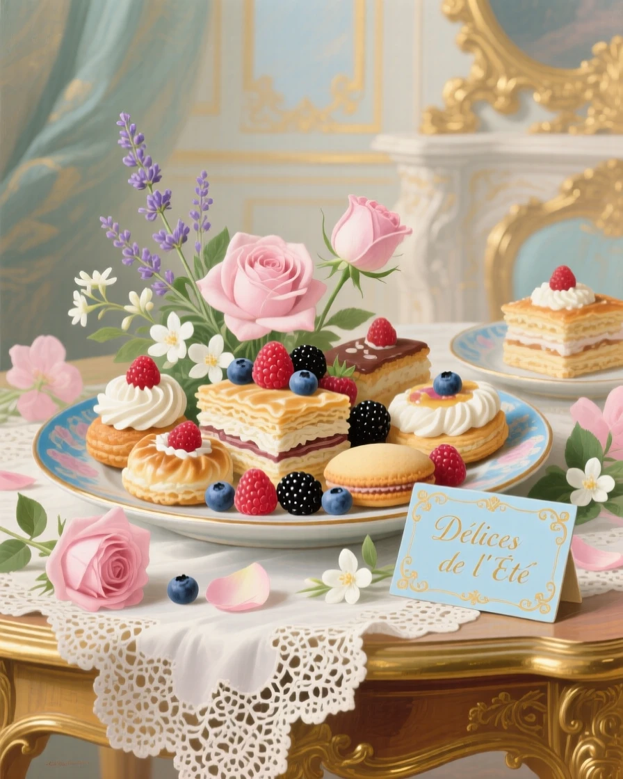 A platter of pastries decorated with berries and edible flowers  