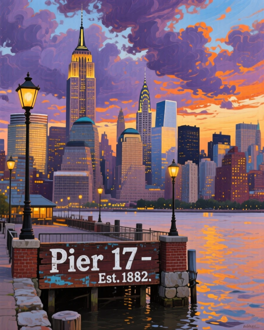 The New York City skyline glittering beneath a dramatic evening sky, with warm lantern or window light glowing throughout the scene, evoking a strong sense of place, history, and atmosphere