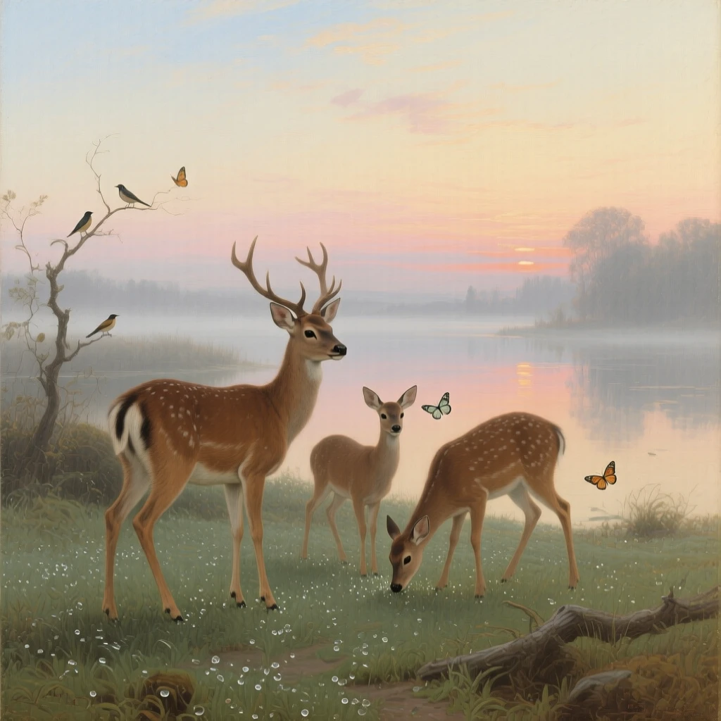A family of deer grazing quietly in a dew-covered meadow at dawn at the peaceful, unguarded heart of the natural world, set beside a still lake reflecting a painterly sky, with small birds or butterflies adding quiet movement to the scene; soft depth of field isolates the animal against a dreamlike backdrop, filled with gentle warmth and admiration for living creatures.