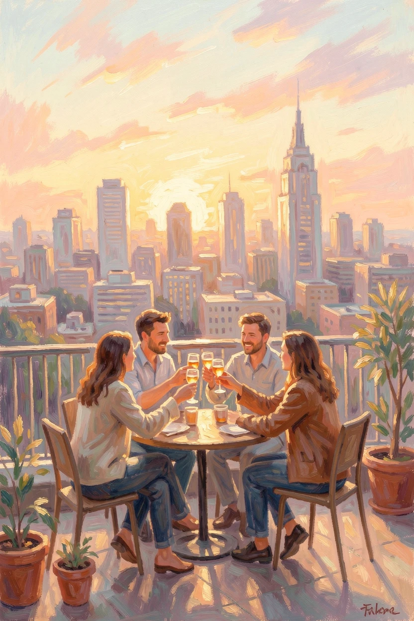 Friends toasting at a rooftop gathering as the sun sets over a glowing city skyline, at golden sunrise.
