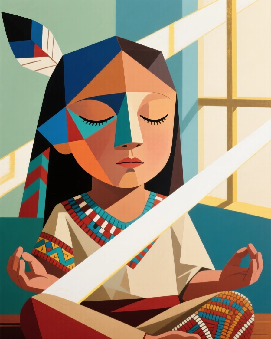 A close-up portrait of a toddler of Native American heritage, closing her eyes in peaceful meditation, in soft window light.