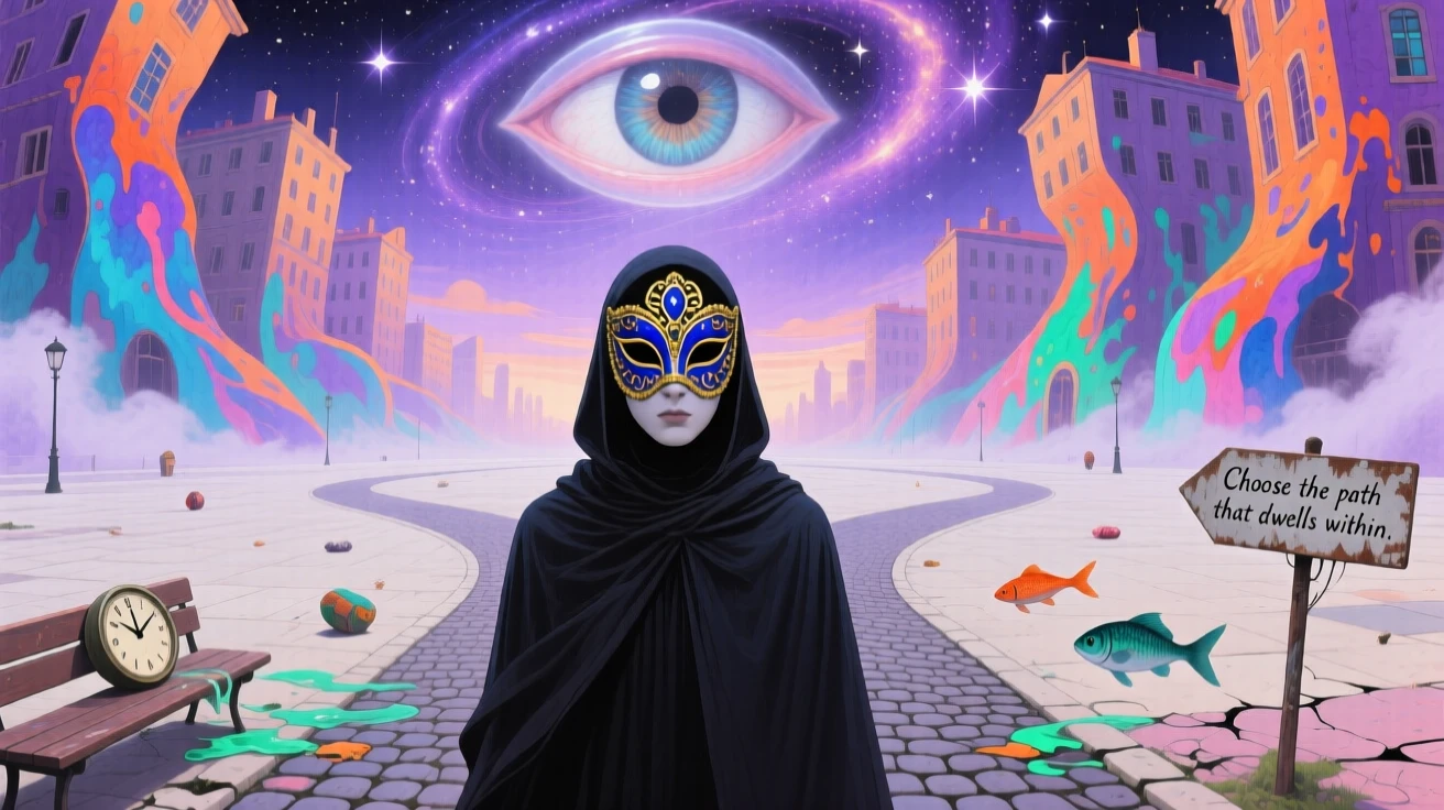 A masked figure standing where two roads become one stands motionless at the center of a quiet plaza, while the world around them fades into soft watercolor mist.