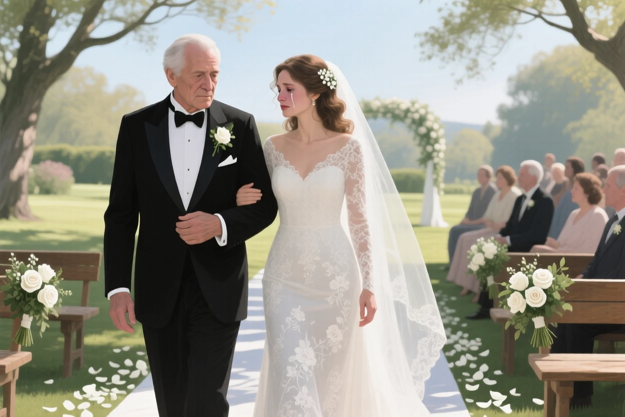 A bride's father walks her down the aisle, his hand resting gently over hers, both faces showing quiet emotion, the moment feeling candid and intimate rather than posed or staged.