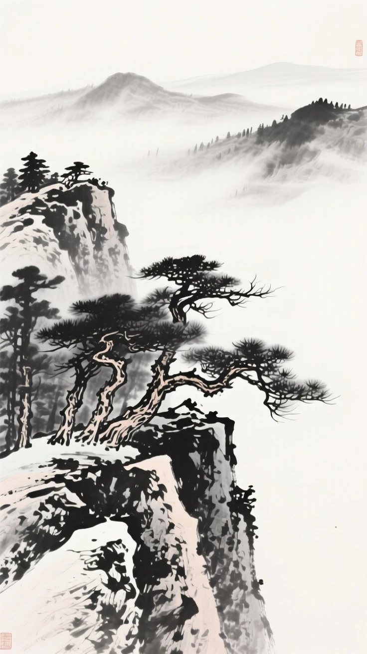 Rocks and pine trees cluster together on a rugged hillside, as mist rolls in over the surrounding ridges.