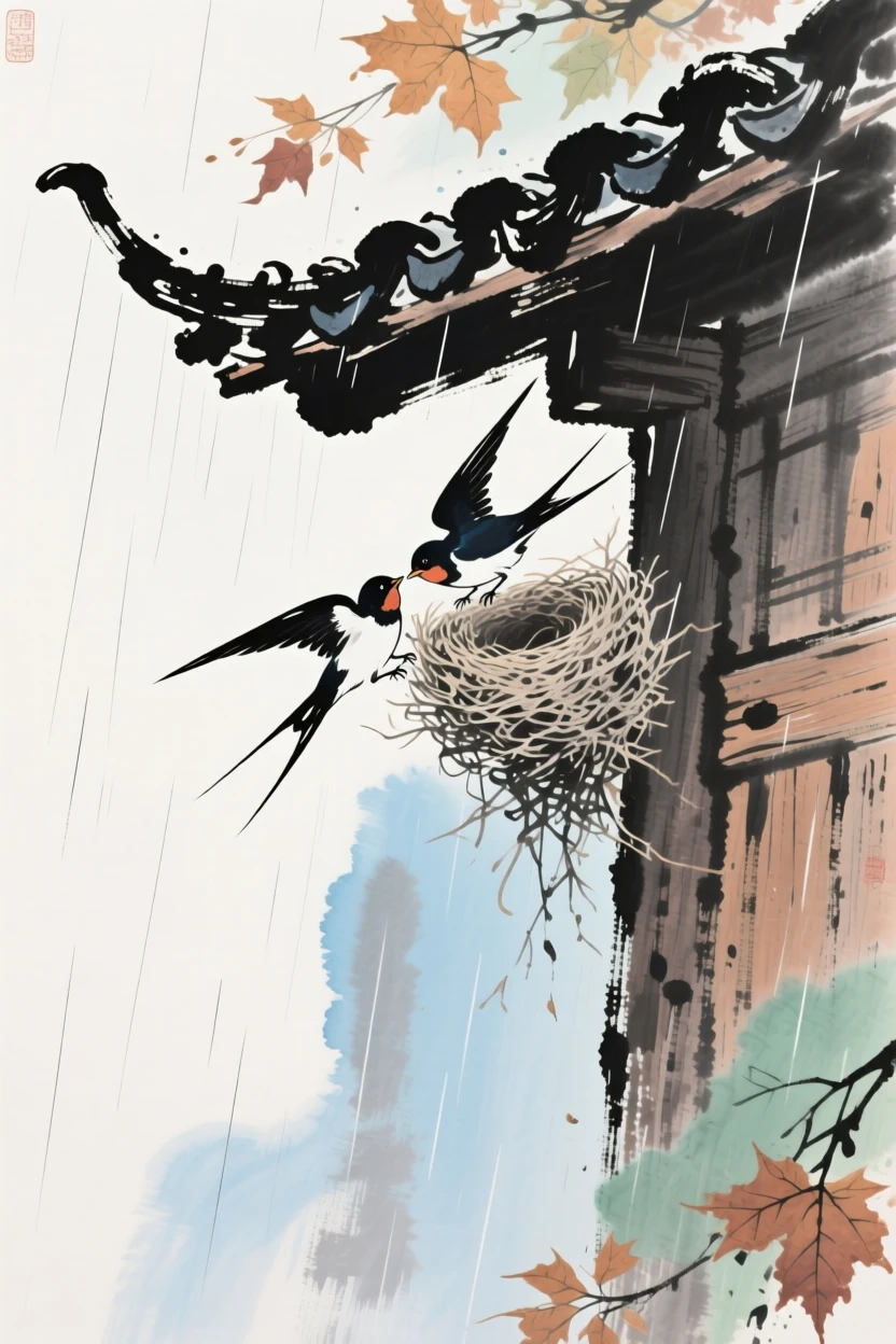 A pair of swallows building a nest beneath an eave, at the turn of autumn, through a curtain of fine rain.