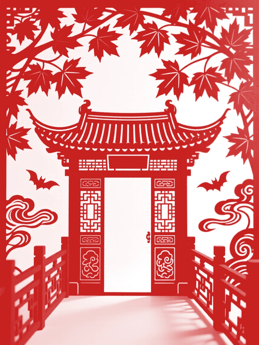 A temple gate, beneath a canopy of autumn maple leaves, its carved railings catching the last light.