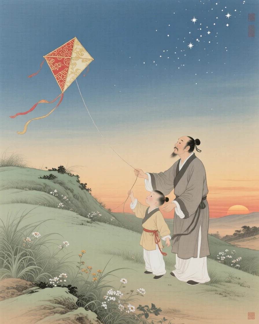 A father teaching his young son to fly a kite on a windy hillside, under a sky filled with the first stars of evening