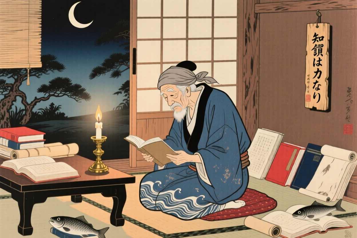An elderly fisherman studying by candlelight surrounded by books.