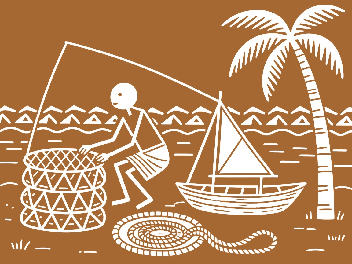 A fisherman preparing materials for the next day's work.