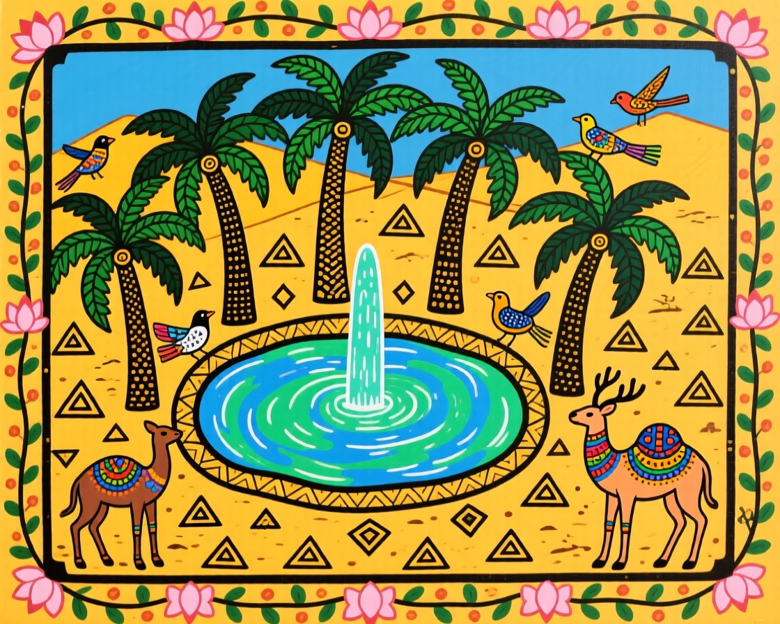 A desert oasis with palm trees ringing a clear spring.