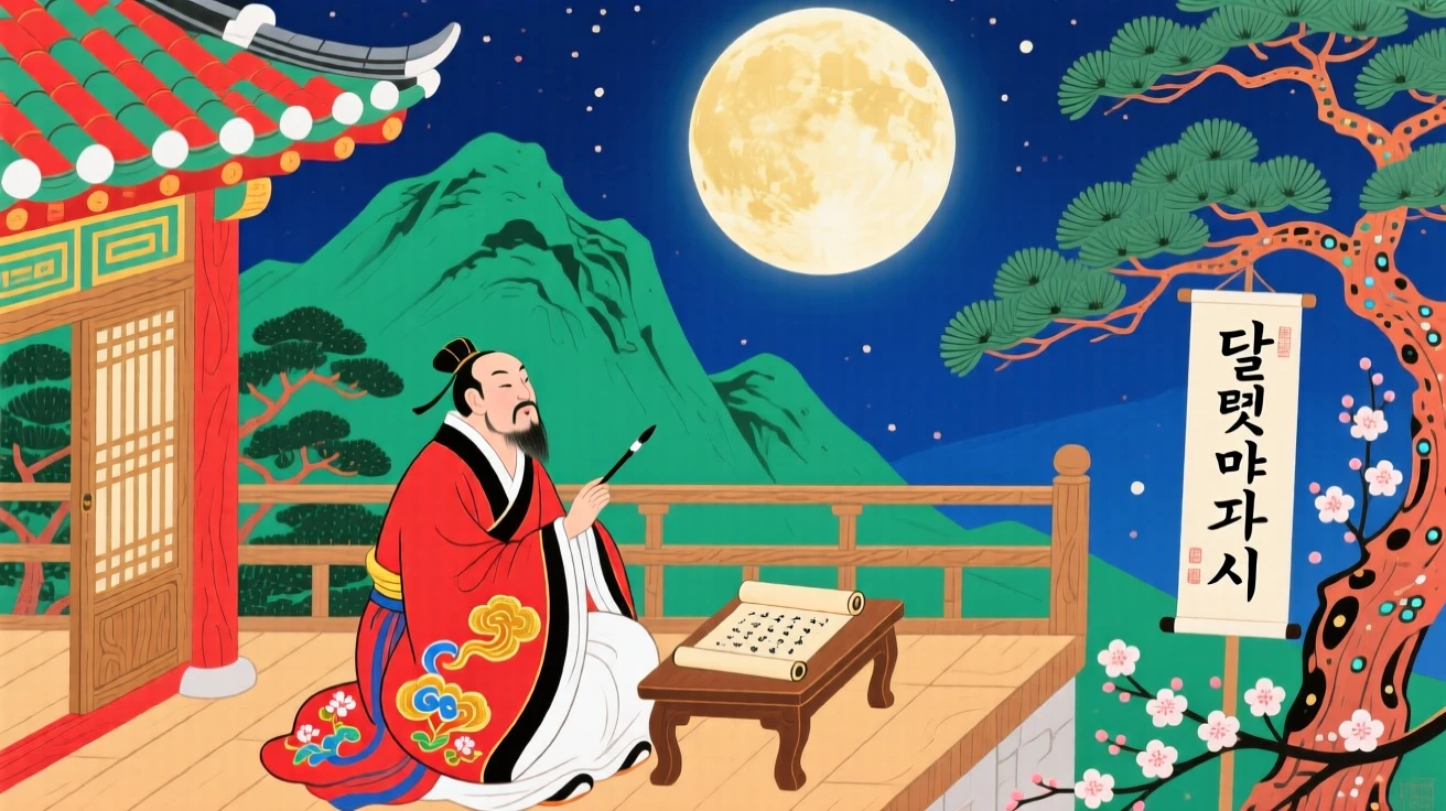 A legendary scholar composing poetry beneath a full moon on a mountain terrace.