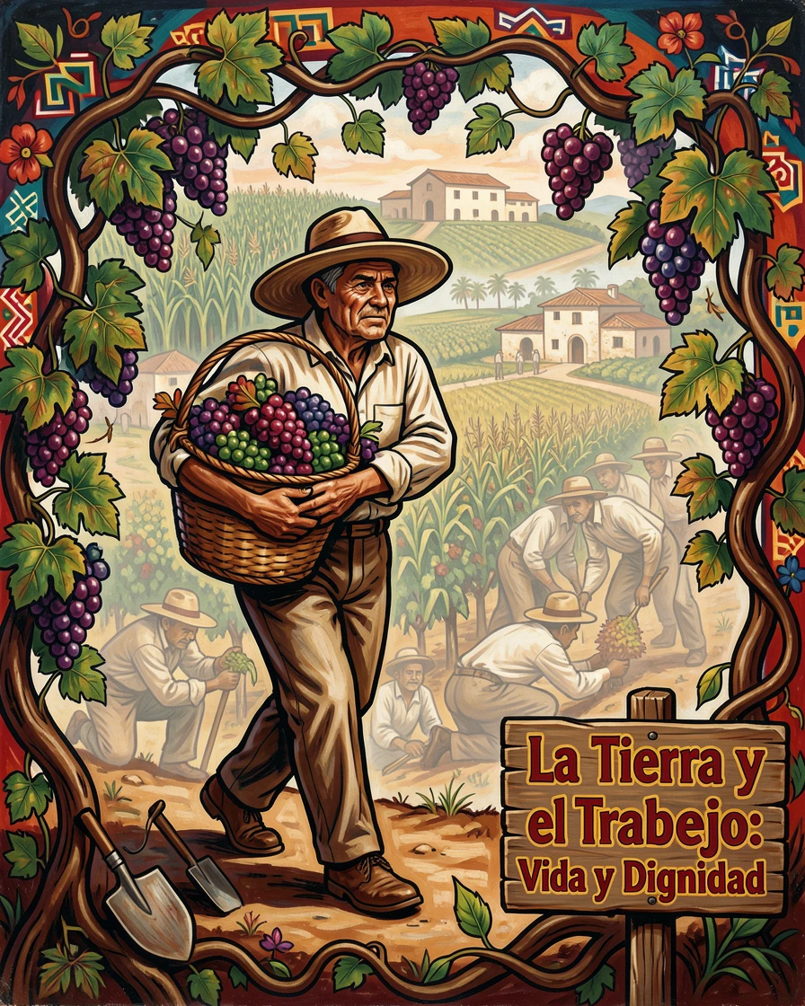 A vineyard worker carrying baskets of freshly picked grapes