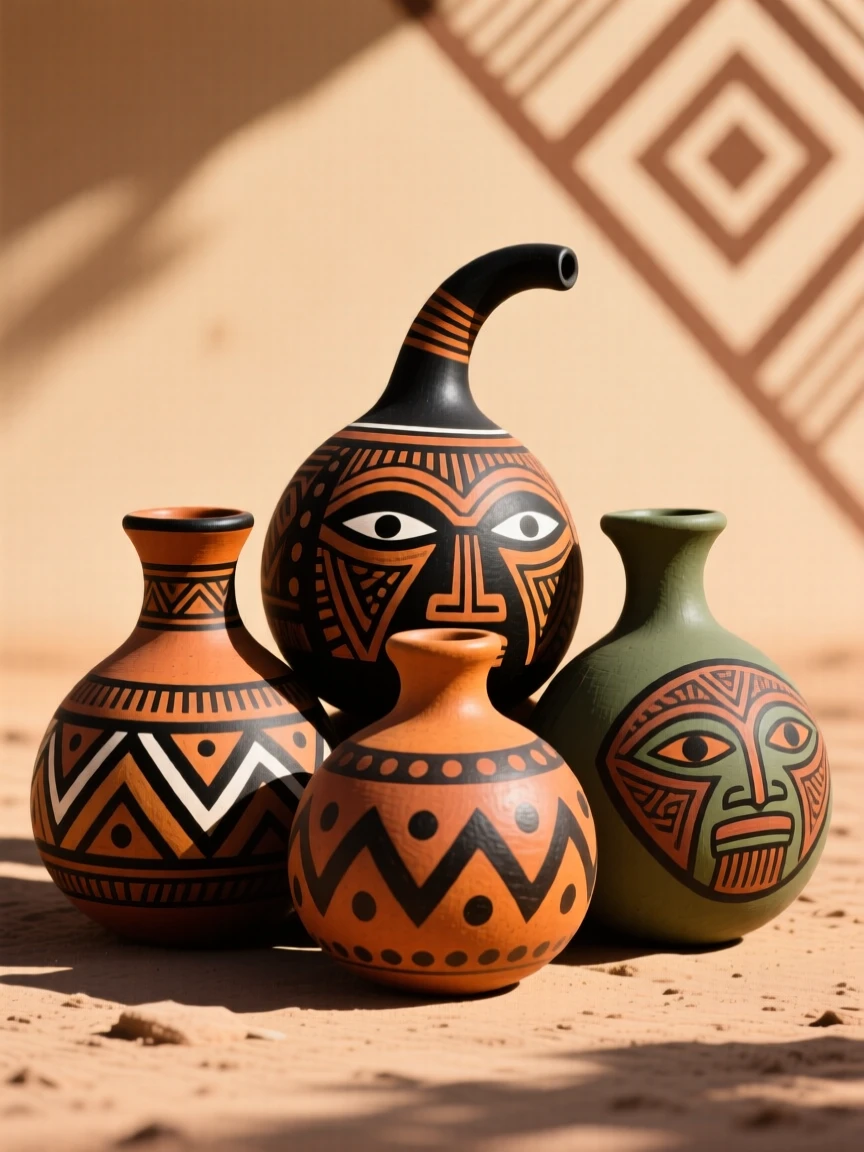 A cluster of painted calabashes resting in the warm afternoon light.