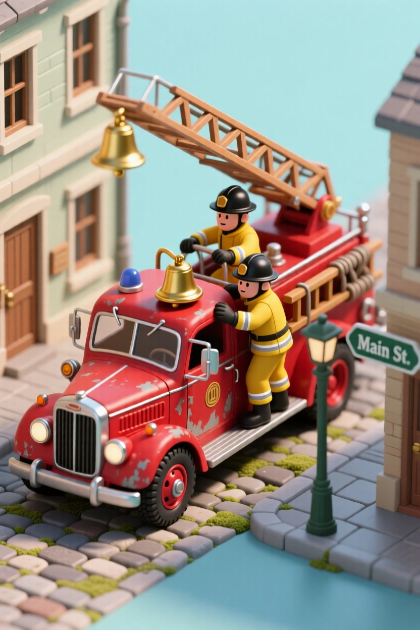 A vintage fire truck racing down a cobblestone street, ladder extended, firefighters holding on as bells clang loudly.