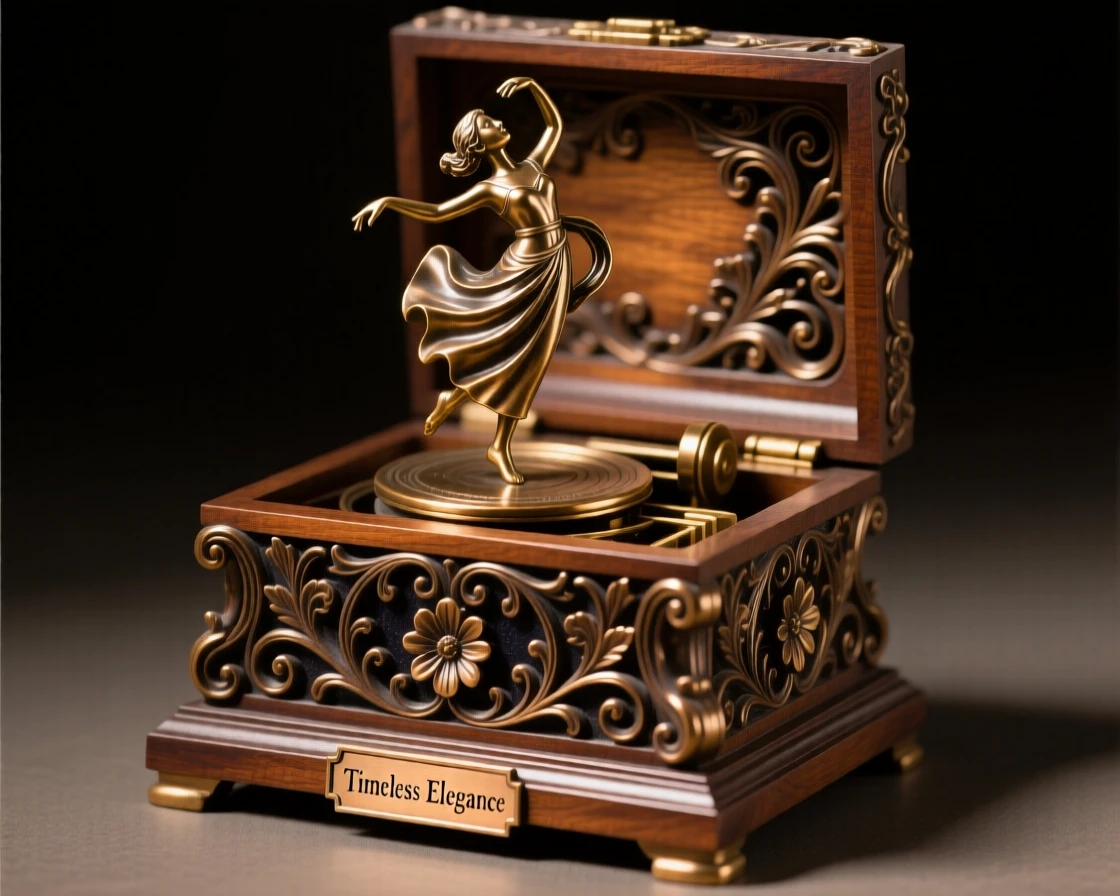 A carved wooden music box with a dancing figurine, capturing a sense of timeless luxury, radiating elegance and refinement